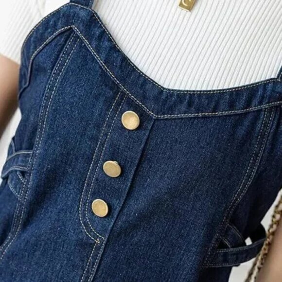 Smocked Button Decor Dark Wash Denim Tie Up Midi-Maxi Dress - Picture 5 of 6